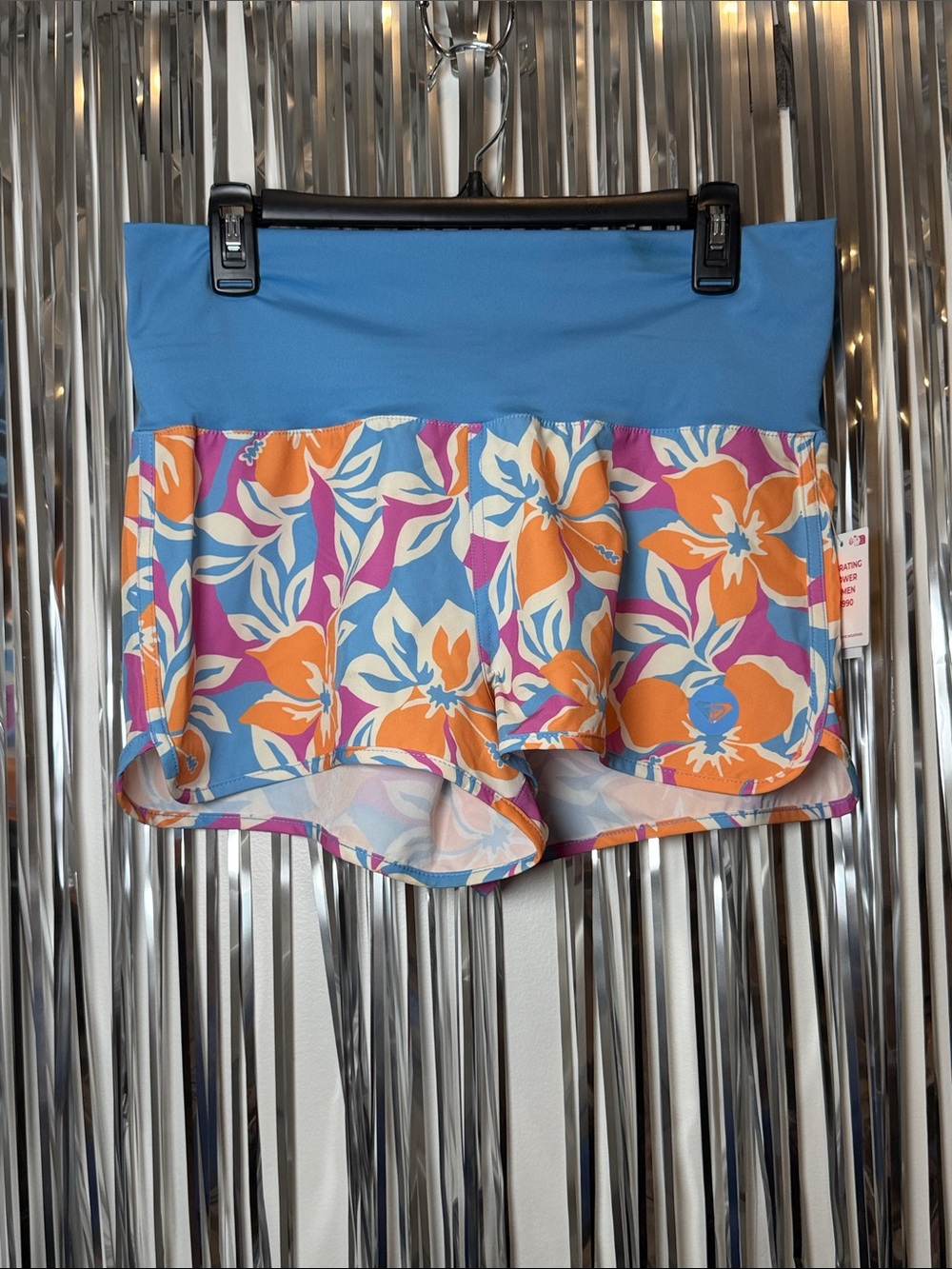 Roxy Blue Floral Swim Shorts with Orange and Pink Blooms NEW M